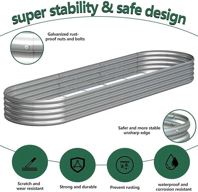 2PCS 12x2x1FT Galvanized Raised Garden Bed Kit,Vegetable Boxes-Oval Metal Flower Box,Large Planter Raised Beds Outdoor Garden for Planting,Fruit,Herb-Silver Yortrek