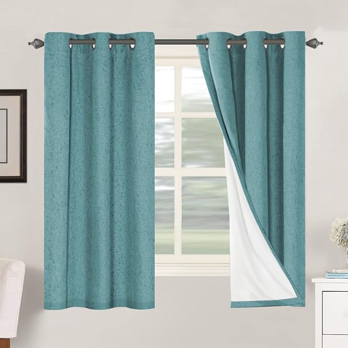 H.VERSAILTEX Primitive Linen Curtains 100% Blackout Curtain Drapes Burlap Fabric Curtains with White Thermal Insulated Liner, Grommet Top Drapes Living Room/Bedroom (2 Panels, 42 x 63 Inch, Teal) HVERSAILTEX