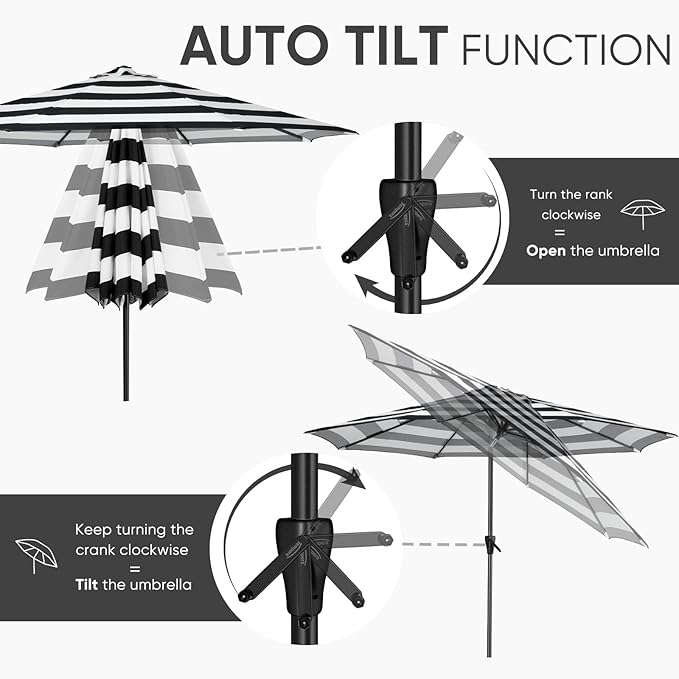 Tempera Patio Market Outdoor Table Umbrella with Auto Tilt and Crank, Large Sun Umbrella with Sturdy Pole & Fade Resistant Canopy, Easy to Set TemperaPatioLife
