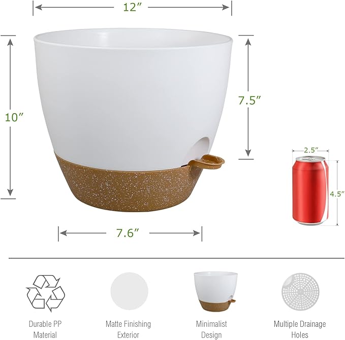 12inch 2Pack Large Self Watering Planters, Plastic Plant Pots with 60oZ Removable Deep Reservoir and Multi Mesh Drainage Holes for Indoor Outdoor Garden Plants and Flowers, White with Brown UOUZ