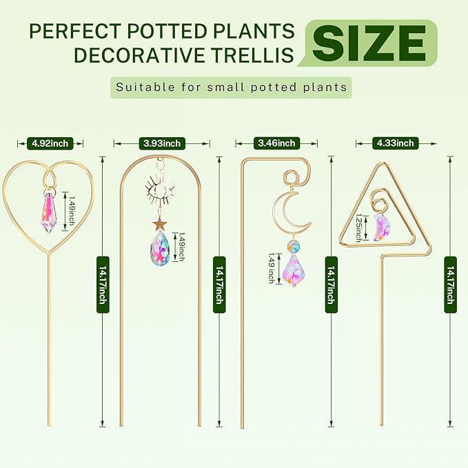 Small Trellis for Potted Plants Indoor with Colorful Crystal Sun Catcher, 14.17 Inch Metal Plant Lattice for Mini Potted Plant Decoration for Home Window Garden 4 Pack WellSign