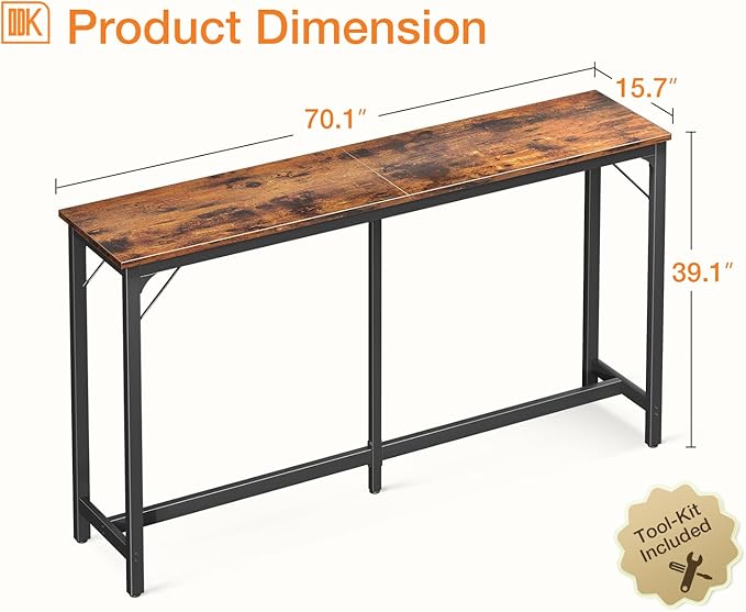 ODK 71 Inch Bar Table, Bar Height Pub Table, Counter Height Bar Table, Rectangular High Top Kitchen & Dining Counter Tables with Sturdy Legs & Easy-to-Clean Top, Vintage Brown ODK