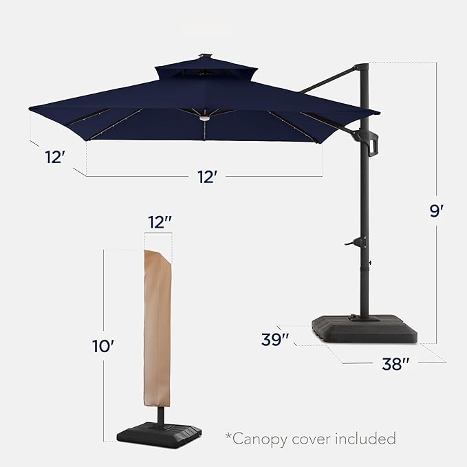 Best Choice Products 12x12ft LED Cantilever Patio Umbrella w/Base Included & 360° Rotation, Large Solar Offset Hanging Outdoor Sun Shade for Deck, Backyard Table w/Stand & Lights – Navy Blue BestChoiceProducts