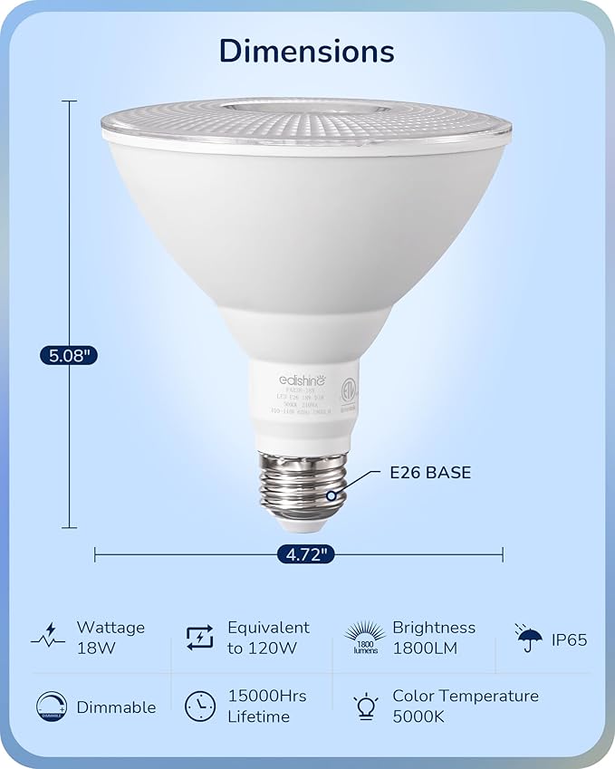 EDISHINE PAR38 Flood Lights Outdoor Bulb, Dimmable LED Flood Light Bulbs, 1800LM, 18W Equivalent 120W, Weatherproof LED Light Bulb for Backyard, Garage, Porch, Garden, 5000K Daylight, E26, 4 Pack EDISHINE