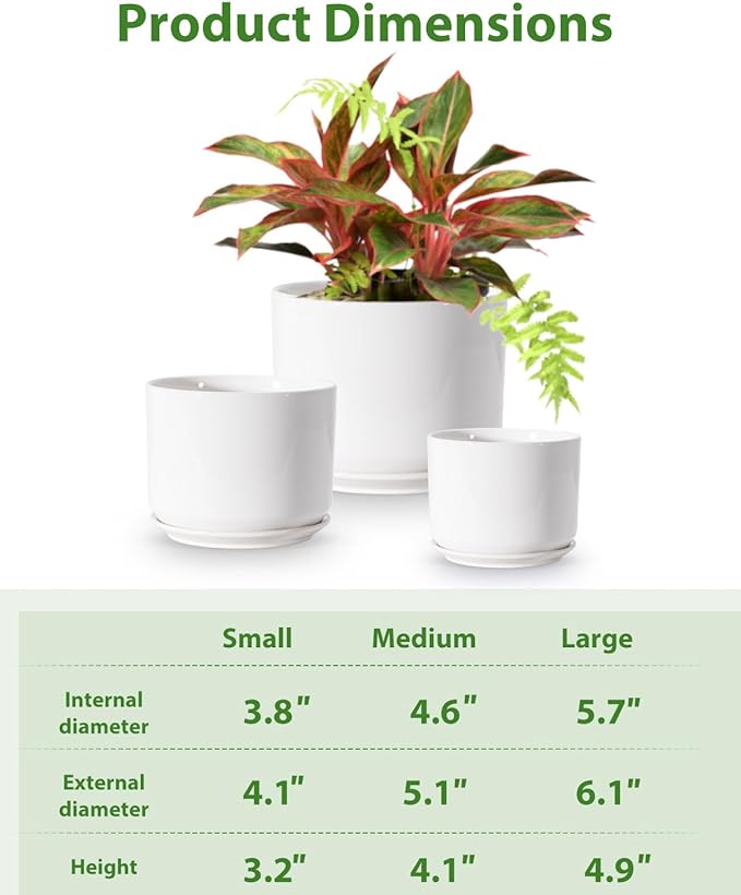 EFISPSS Plant Pots, 4+5+6 Inch Pots for Indoor Plants, Ceramic Planter Pot with Drainage Hole, Flower Pots for Succulent Cactus, Set of 3 - White EFISPSS