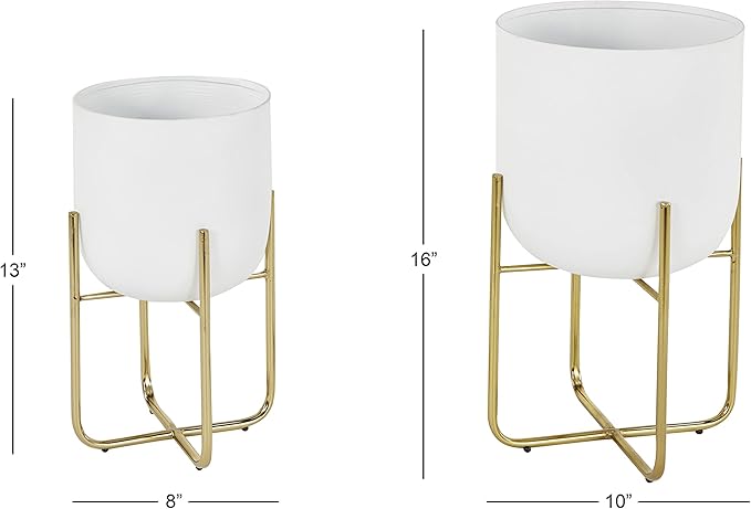 Deco 79 Metal Indoor Outdoor Planter Large Planter Pot with Removable Gold Stand, Set of 2 Planters 16", 13"H, White Deco79