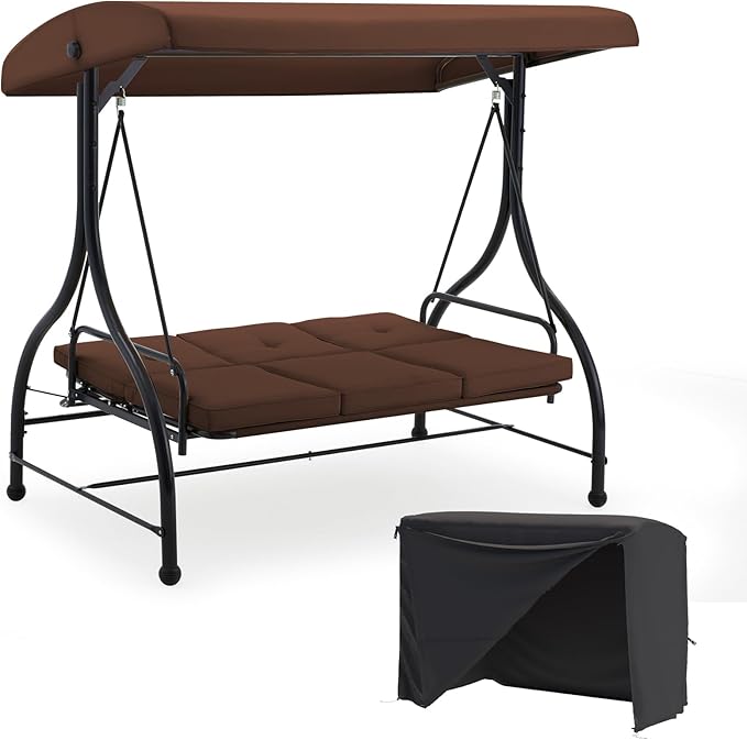 U-MAX Porch Swing with Cover, Patio Swing with Adjustable Backrest&Canopy 3 Seat Outdoor Swing with Canopy 2-in-1 Convertible Patio Daybed with Removable Brown Cushions U-MAX