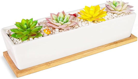 Succulent Pots - 12.1 Inch Large Succulent Pots with Drainage Tray, Window Sill Planter, Long Rectangle Ceramic Pots for Indoor Cactus/Succulent Plants Shallow Bonsai Window Box for Home Garden Decor ARTKETTY