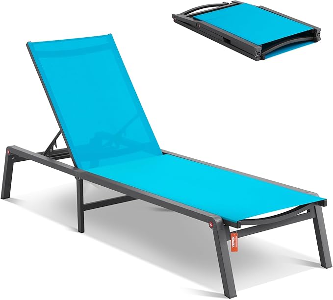 VEVOR Chaise Lounge Chairs Outdoor, Aluminum Patio Lounge Chairs with Adjustable 5-Position, Folding Pool Chair Recliner and Full Flat Tanning Chair for Patio, Beach, Pool, Blue VEVOR