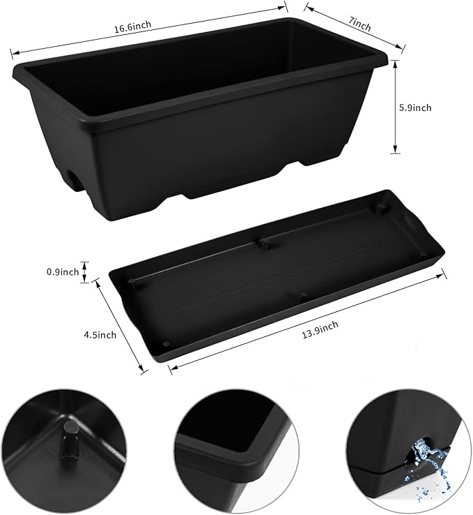 8pcs Window Box Planter,17 Inches Flower Window Boxes,Rectangle Planters Box with Drainage Holes and Trays, Plastic Vegetable Planters for Windowsill Patio Garden Home Decor Porch Yard (Black) Hananojia