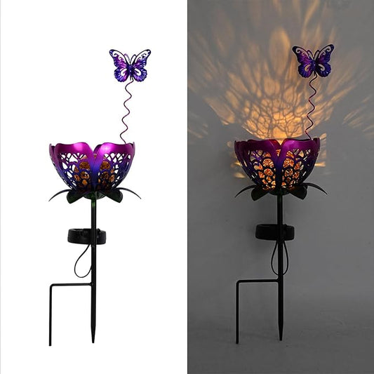Solar Lights Outdoor Garden Decor,LED Lotus Flower Lamp, Metal Tulip & Butterfly Decoration Solar Lawn Lamp for Courtyard, Garden Gifts for Women (Purple) YMTengFei