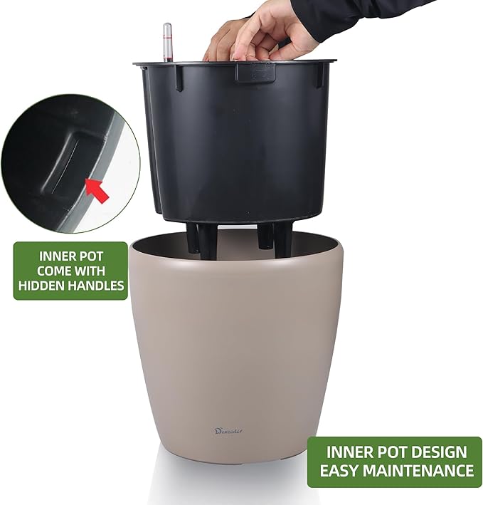 Dexceder 11x10 Inches Self Watering Planter Indoor Outdoor, Inner Pot Design, Thickened Table Flower Plant Pot with Water Level Indicator (Taupe Matte) Dexceder