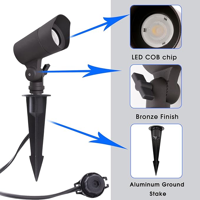 LED Landscape Lights with Connectors, 12V Low Voltage, Warm White 3000k, 4W, 175LM, Outdoor Waterproof Garden Pathway Lights Wall Tree Flag Spotlights with Spike Stand, 6 Pack EENERGETICLIGHTING