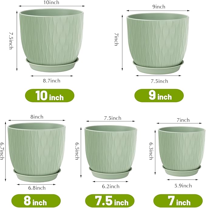 Plastic Plant Pots 10/9/8/7.5/7 inch Set of 5, Flower Planters with Drainage Holes and Saucers, Plastic Pots for Indoor Outdoor Plants, Livingroom Garden Decor (Green) LesOasis