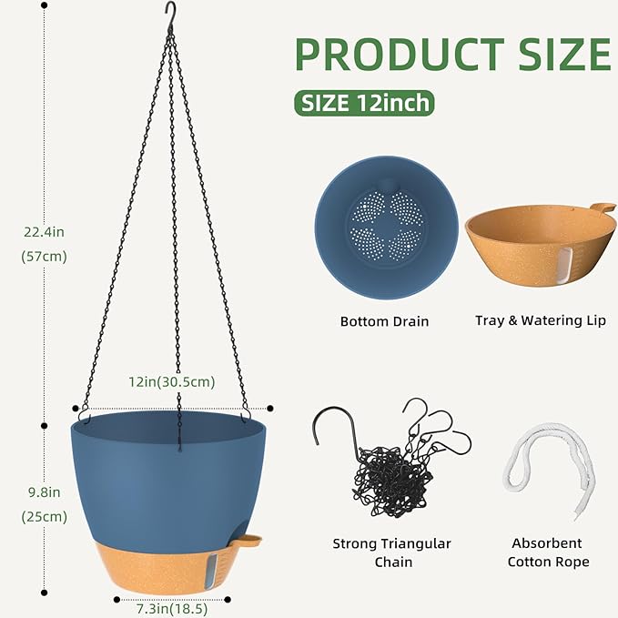 ZMTECH 12 Inch Hanging Planters for Indoor Plants & Outdoor, Self-Watering Hanging Pots with Drainage Holes, Visual Reservoir, Plastic Hanging Baskets for Outdoor Garden Home Decor, Blue HighQualityGardeningTools