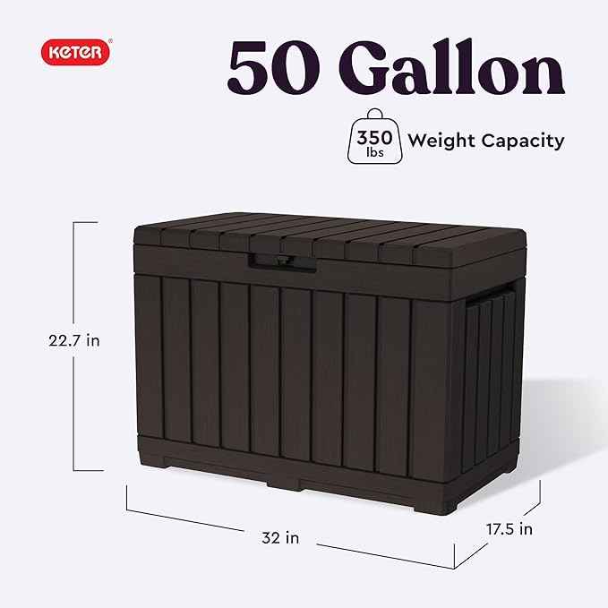 Keter Kentwood 50 Gallon Resin Deck Box for Outdoor Storage – Weather‑Resistant Balcony & Patio Box for Cushions, Throw Pillows & Garden Tools, Brown