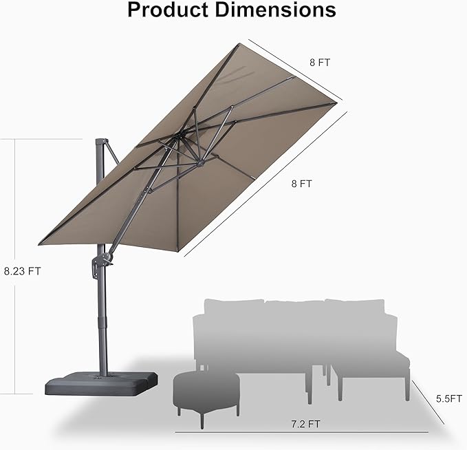 PURPLE LEAF Patio Umbrella 8' X 8' Rectangle Cantilever Umbrella Large Aluminum Outdoor Umbrellas with 360-degree Rotation & UPF40+ Premium Fabric for Deck Pool Garden Yard, Ash Mocha Rootora