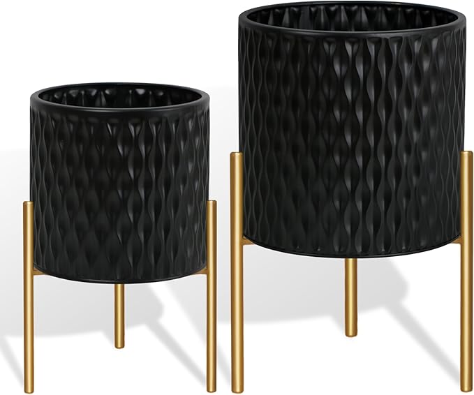 ARNIS Plants Pots with Stand, Large Size Flower Pots, Set of 2 Unique Mid Century Decorative Metal Flower Pots with Drainage,10.5&12.25 Inch, Black ARNIS