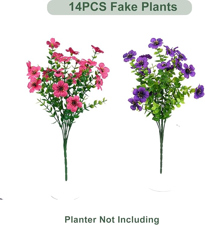 Artificial Flowers for Outdoor, UV Resistant Fake Silk Flowers, Realistic Faux Plants for Outside Indoor Porch Patio Window Box Planter Home Decor (14, Purple Rosy) Welcometothetrytuny