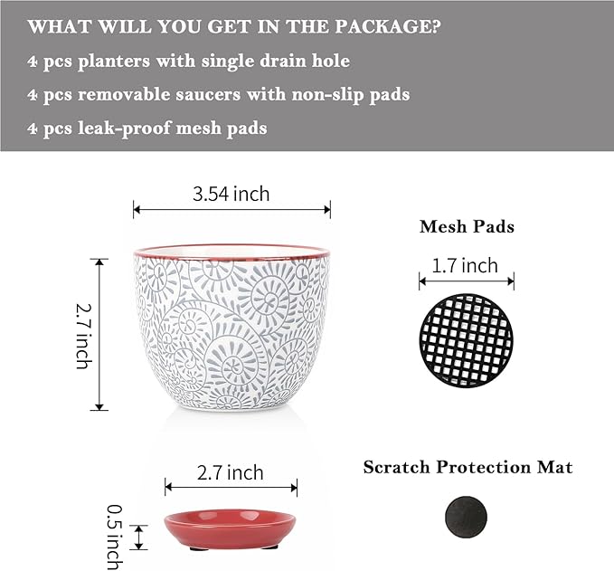 Selamica Ceramic Succulent Pots with Drainage Holes, Small Flower Pots 3.5 Inch Plant Pots for Indoor Plants with Saucers, Cactus Succulent, Home Decor, Set of 4, Assorted Colors Selamica