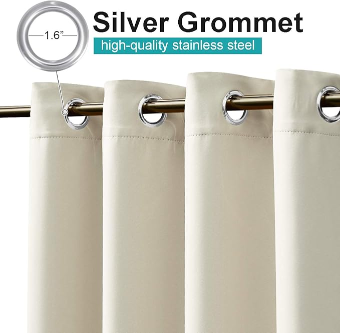 NICETOWN 2 Panels Weighted Patio Outdoor Curtains 95 inch Length, Home Fashion Microfiber Thermal Insulated Silver Stainless Steel Grommet Room Darkening Drapes for Terrace, Beige, W52 x L95 NICETOWN