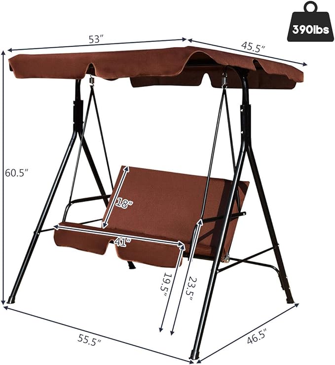 Tangkula 2 Person Porch Swing, Outdoor Swing with Removable Cushions, Solid Steel Structure, Patio Swing with Adjustable Canopy for Porch, Backyard, Garden, Balcony TANGKULA
