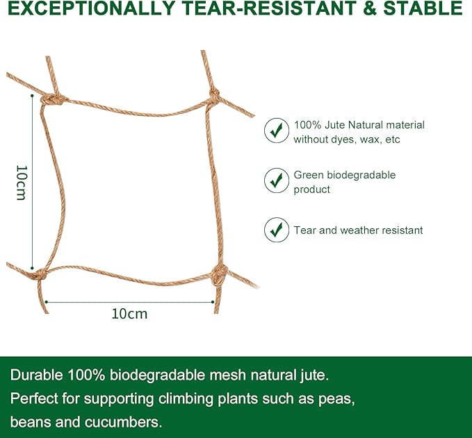 Jute Trellis Netting - Jute Netting for Garden, Heavy Duty Plant Support Netting for Climbing Plants, Cucumber, Vine, Fruits & Vegetables, Climbing Vining Plants (3.3 Ft X 16.4 Ft, 3.9 Inch Squares) Miuezuth