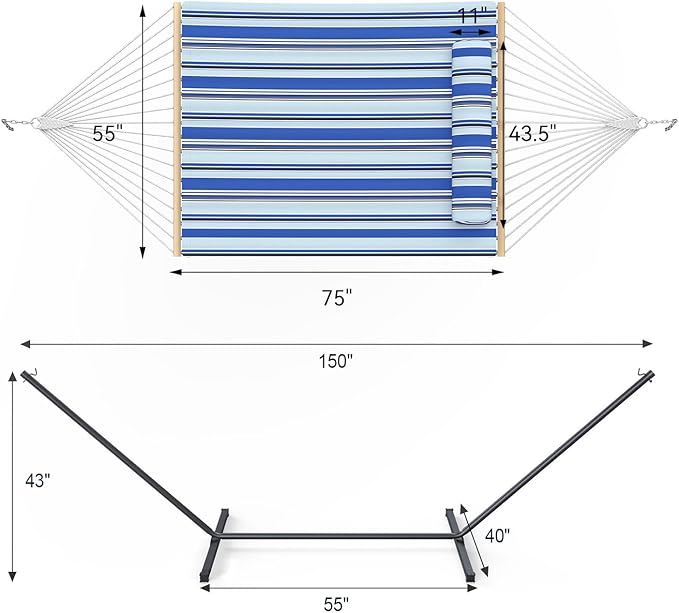 2 Person Outdoor Hammock with Stand, Cotton Rope Hammock with Polyester Pad, Adjustable Steel Frame, Portable with Carrying Bag – for Patio, Backyard, Garden, Beach, Blue Stripe Rootora
