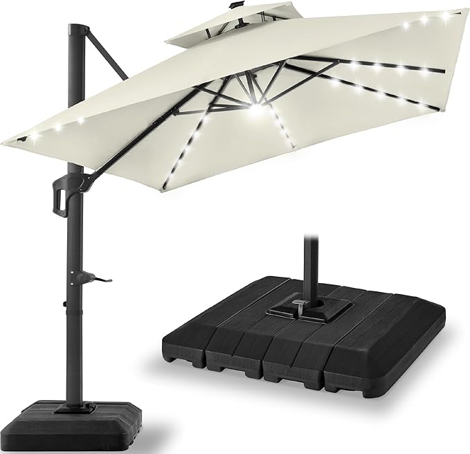 Best Choice Products 9x12ft LED Cantilever Patio Umbrella w/Base Included & 360° Rotation, Large Solar Offset Hanging Outdoor Sun Shade for Deck, Backyard Table w/Stand & Lights – Ivory BestChoiceProducts
