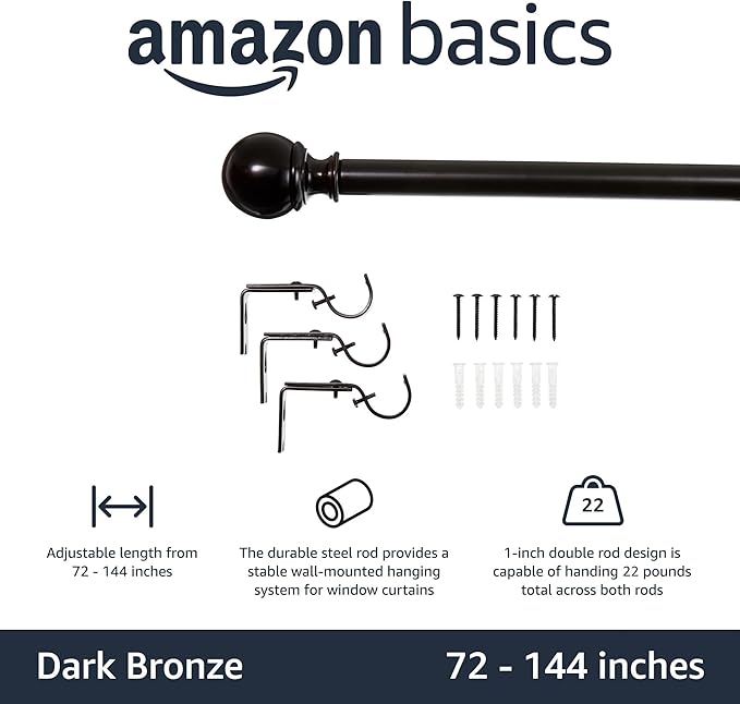 Amazon Basics Adjustable Sturdy Curtain Rod for Windows with Round Finials, Easy Install Hardware, 1-Inch Rod, 72" to 144", Dark Bronze, 1-Pack AmazonBasics