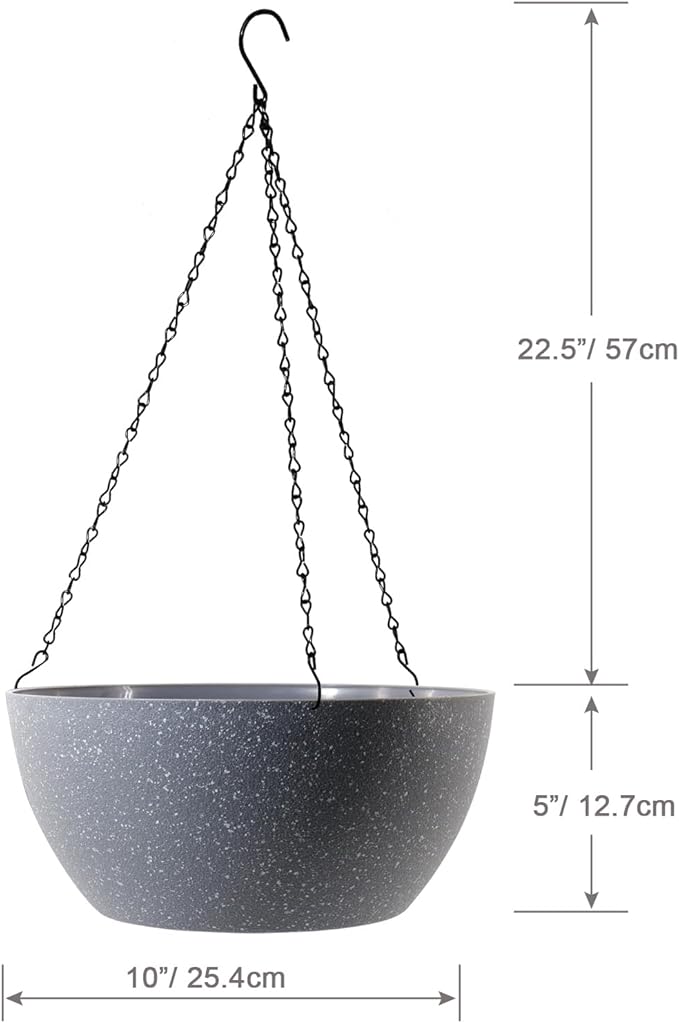 10 inch Hanging Planters for Outdoor Indoor Plants with Drainage Holes and Chain, 2 Pack Round Hanging Flower Plant Pots for Garden Home Porch Decor, Speckled Grey WSMKSZ
