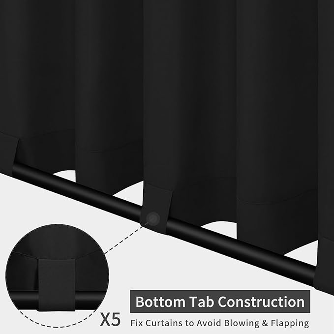 Easy-Going Outdoor Patio Curtains Detachable Tab Top Windproof Weatherproof Curtain for Cabana, Porch, Pergola and Gazebo, Tab Bottom Drape, 2 Panels, 110W x 96L inch, Black Easy-Going