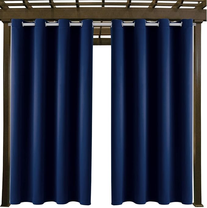 Water Proof Outside Curtains with Grommet Top for Porch, W52 x L120 Thermal Insulated Washable Light Block Outdoor Divider Drapes for Patio Gazebo Deck Pool Area Pergola Cabana (Navy, 2 Panels) DivaenCamino