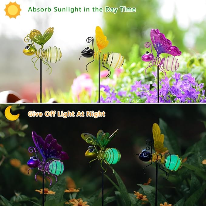Garden Decor for Outside,3 Pcs Luminous Insect Garden Decorative Stakes,Glow in The Dark Bee Lights Metal Yard Art,Waterproof Outdoor Spring Lawn Patio Pathway Decoration for Mom,Women,Grandma SATHGA