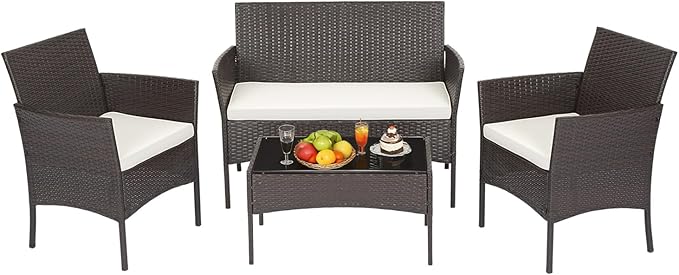 FDW | 4-Piece Patio Furniture Set | Brown | Outdoor Wicker Furniture with Coffee Table | Modern Rattan Chairs Conversation Set | Outdoor Seating | Weather-Resistant | for Porch, Garden, Lawn FDW