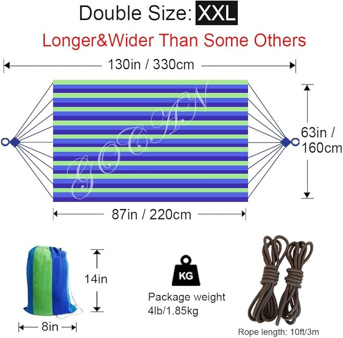 Brazilian Double Hammock 2 Person Extra Large 220x160cm Total Length 330cm Load 500lb Canvas Cotton Hammock for Patio Porch Garden Backyard Lounging Outdoor and Indoor(Blue/Green) XXL GOCAN