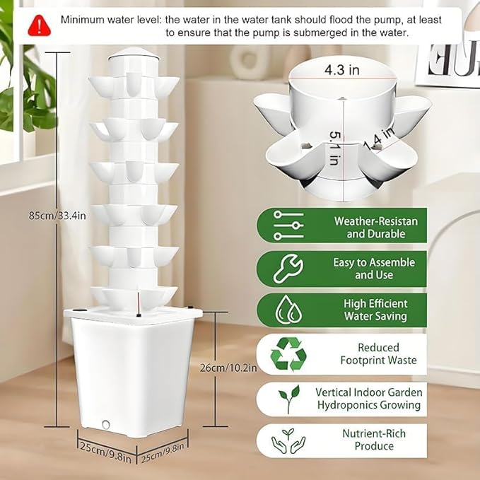 Vertical Hydroponic Tower Garden Growing System - Indoor Planter Kit with 30 Pods, Aeroponic-Style Tower for Herbs, Vegetables, Lettuce & Strawberries, Home Countertop Grow System, White Rootora