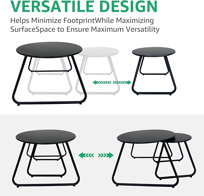 Patio Outdoor Coffee Table Set of 2, Weather Resistant Steel Round End Tables, Outdoor Nesting Table for Patio, Balcony, Bistro and Indoor, Black (Black) Meluvici