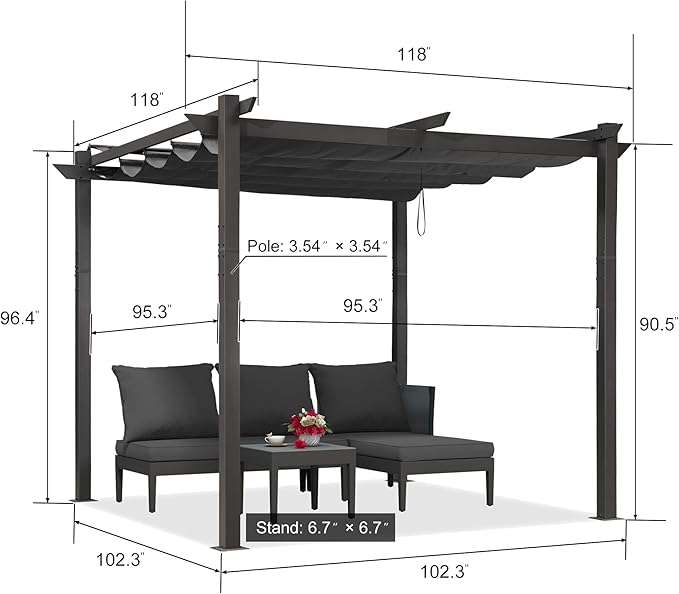 PURPLE LEAF Outdoor Retractable Pergola with Curtains 10' x 10' Patio Aluminum Pergola with Sun Shade Canopy for Backyard Deck Garden Modern Metal Pergola, Gray Rootora