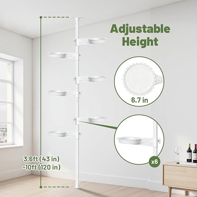 Tension Rod Plant Stand, Plant Poles for Hanging Plants Indoor, 6 Tier Tension Pole Plant Hanger, Floor to Ceiling Plant Pole with 6 Trays Hanging Plant Stand, White Zononoca