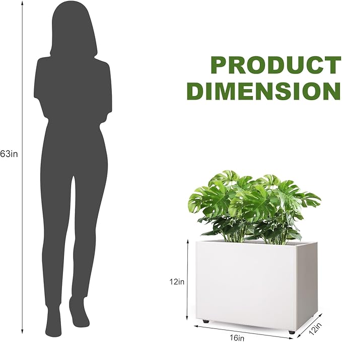 Planter Box Rectangular Block - 16×12×12IN Galvanized Steel Metal Long Box Planter Easy Installation Modern Outdoor Tall Planters All-Weather Use with Drainage Holes for Patio/Porch(White) Zezgeuro