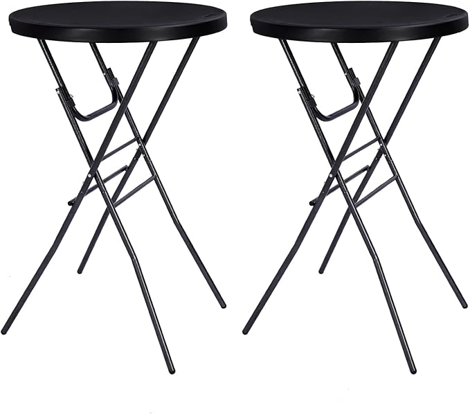 Cocktail Table 28in Folding Round High Top Indoor Outdoor with Removable Legs, Tall Bistro Foldable Bar Height Table for Parties, Patio, Backyard, Dining Room, Events, Black- 2PCS Home