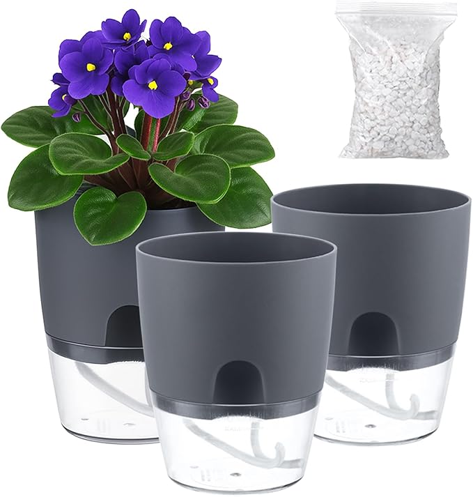 3 Pack Self Watering Pots for Indoor Plants, PlanterHoma 6 Inch Plant Pot Plastic Self Watering Planter for Orchid, African Violet, Small Clear Flower Pots with Drainage Holes and Wicking Rope, Grey Planterhoma
