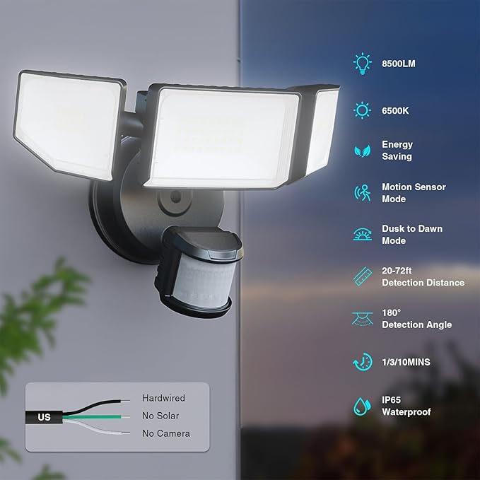 85W Motion Sensor Outdoor Light, 8500LM Ultra-Bright LED Security Light with 3 Adjustable Heads, IP65 Waterproof Dusk to Dawn Flood Light for Garage, Yard, and Driveway, 6500K Daylight, Black Abovizo