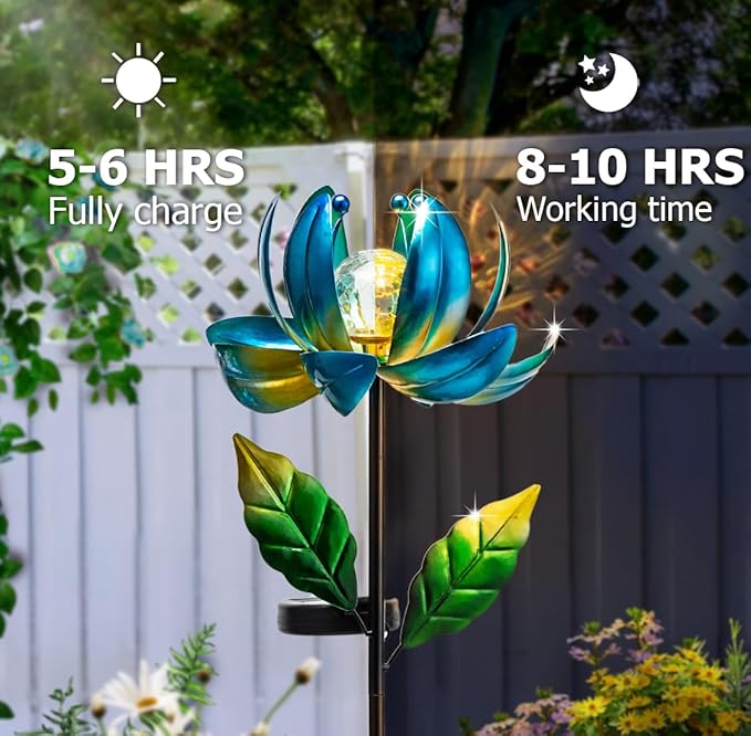 Solar Yard Lights Wind Spinners- Metal Lotus Flower Garden Decor LED Crackle Glass Globe Yard Art Sculpture Solar Stake Lights for Patio Pathway Lawn Walkway SUCUY
