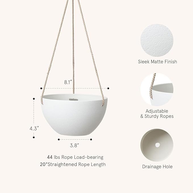 La Jolie Muse White Hanging Planter Basket - 8 Inch Indoor Outdoor Flower Pots, Plant Containers W/ Drainage Hole, Plant Pot for Hanging Plants, Pack 2 LaJol%C3%ADeMuse
