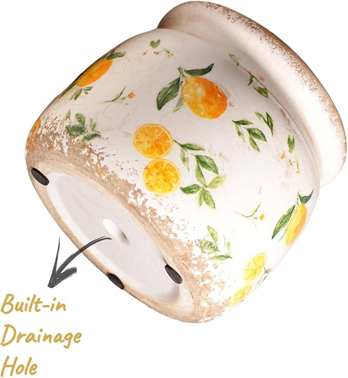Lemon Summer Decor Plant Pot, 6 Inch Vintage Ceramic Planter with Drainage for Indoor Plants, Rustic Lemons Vase for Centerpieces, Mediterranean Kitchen Home Decor, Yellow Gifts for Gardening XiaanJiaju