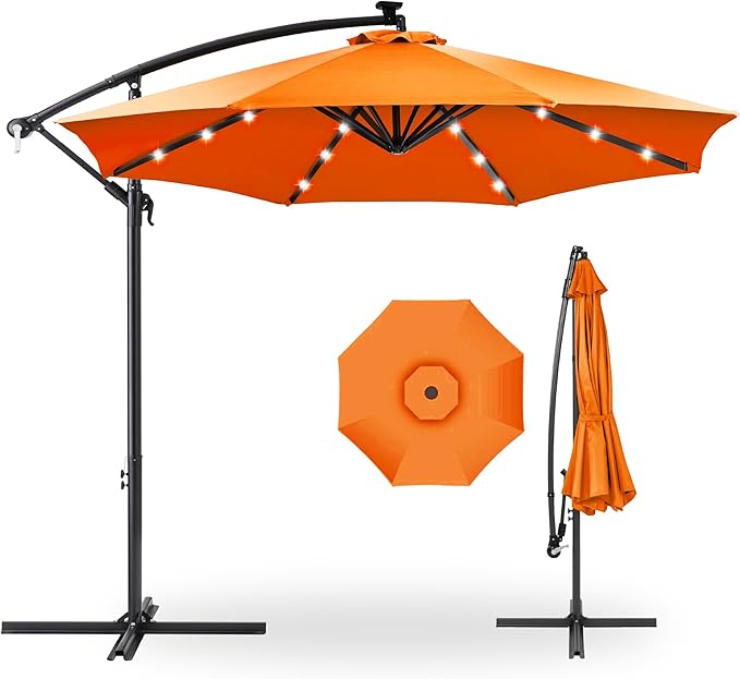 Best Choice Products 10ft Solar LED Offset Cantilever Hanging Market Patio Umbrella, 8 Sturdy Ribs, Easy Adjustment - Orange BestChoiceProducts