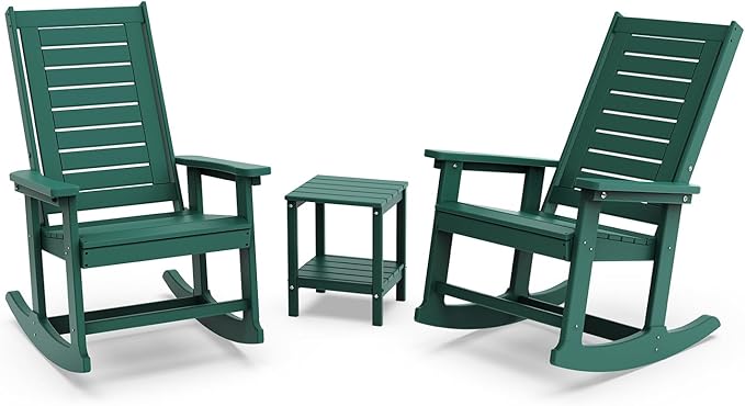 GREENVINES Outdoor Rocking Chair Set | 3-Piece | 2 Rocking Chairs with 1 Side Table | Porch Rocker | HDPE Plastic | Forest | Patio Furniture Sets | High Back | Big & Tall | Ladder Back GreenVines