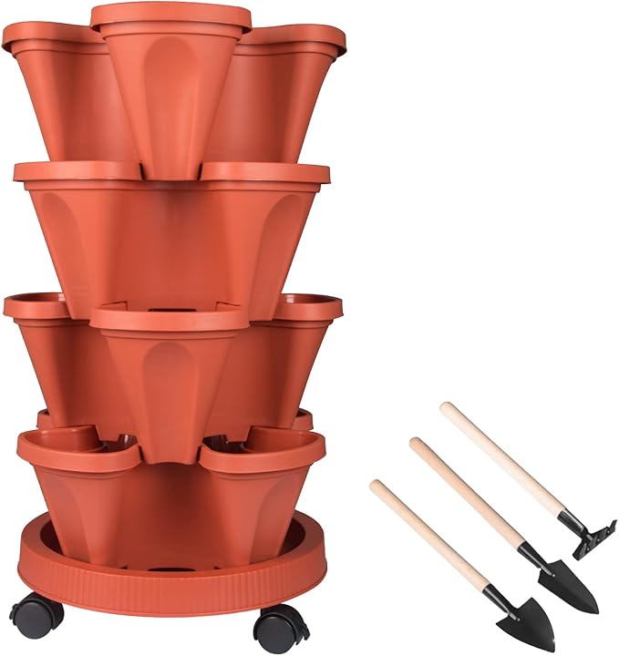 DUNCHATY Stackable Planters 4 Tier Vertical Garden Planting Tower Planters Strawberry, Herb, Flower, and Vegetable Planter Indoor Outdoor Gardening Pots with Removable Wheels and Tools DUNCHATY